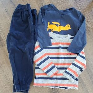 2 long sleeved shirts and 1 corduroy pant set